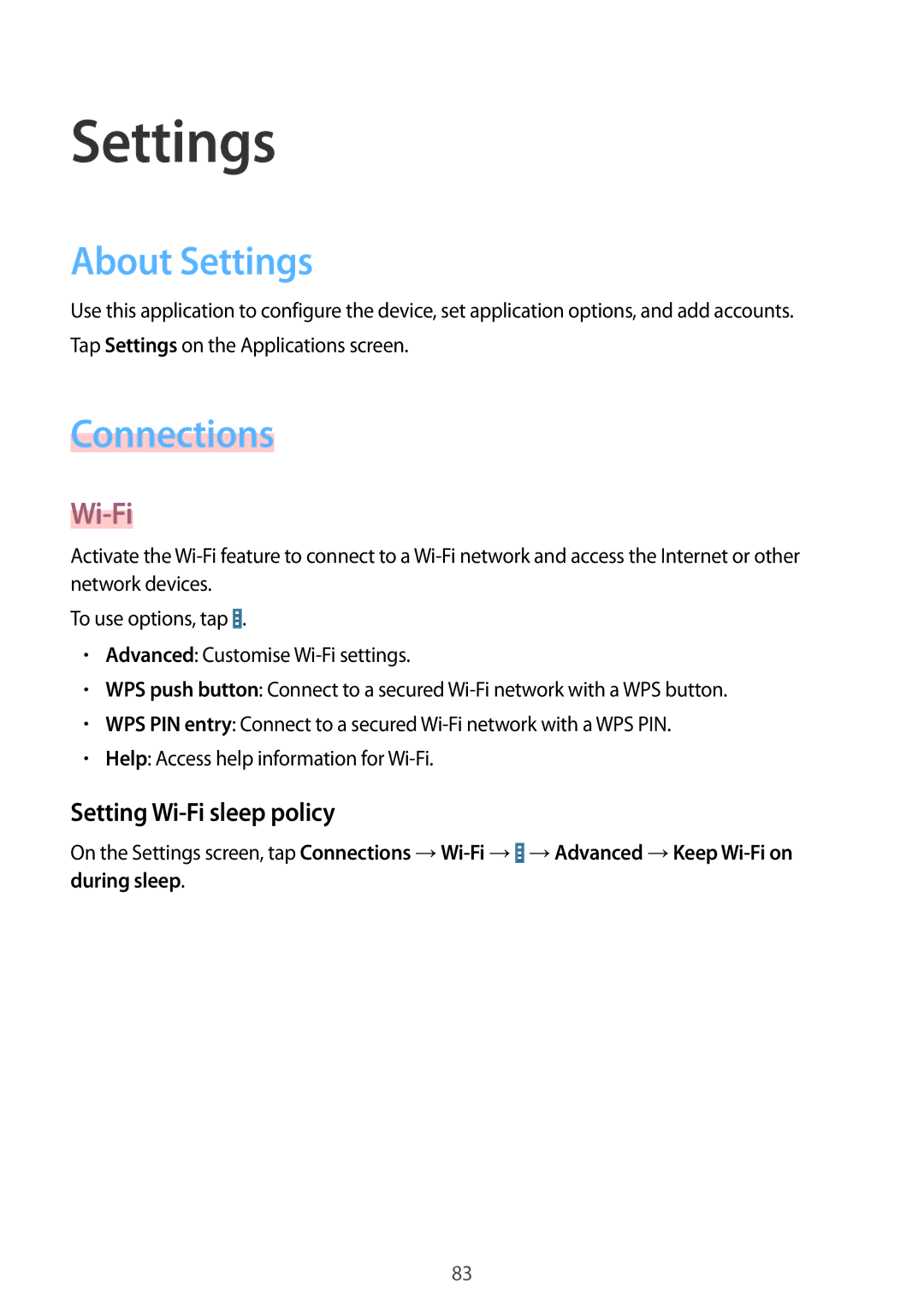 Samsung SM-T530NZWATPH, SM-T530NYKATPH, SM-T530NZWEDBT manual About Settings, Connections, Setting Wi-Fi sleep policy 