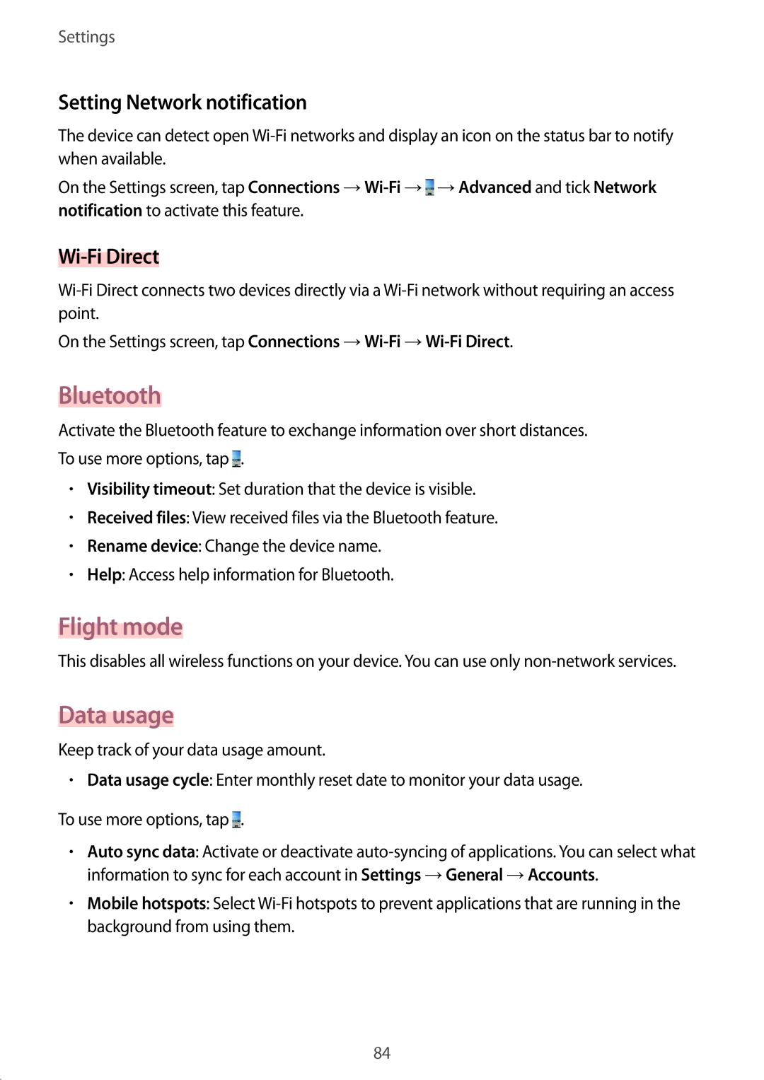 Samsung SM-T530NZWEDBT, SM-T530NYKATPH manual Bluetooth, Flight mode, Data usage, Setting Network notification, Wi-Fi Direct 