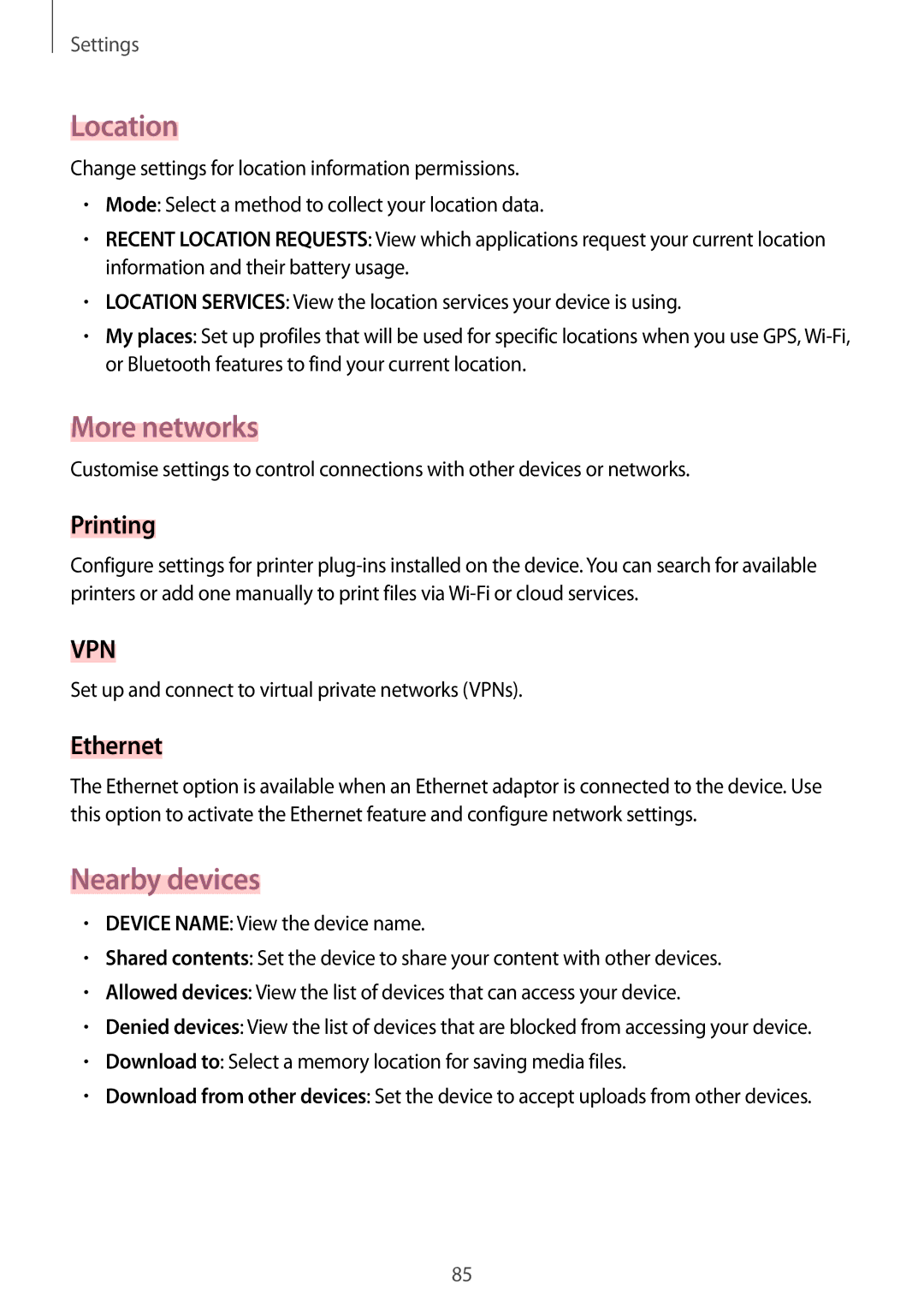 Samsung SM-T530NZWAATO, SM-T530NYKATPH, SM-T530NZWATPH manual Location, More networks, Nearby devices, Printing, Ethernet 