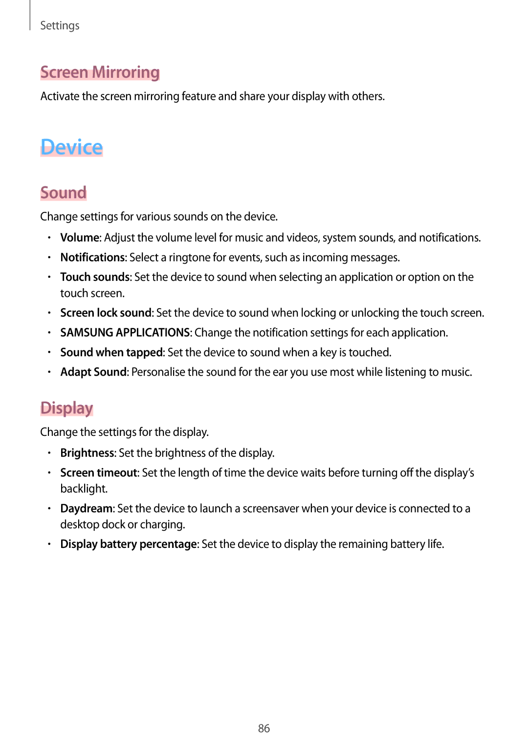 Samsung SM-T530NYKEDBT, SM-T530NYKATPH, SM-T530NZWATPH, SM-T530NZWEDBT manual Device, Screen Mirroring, Sound, Display 