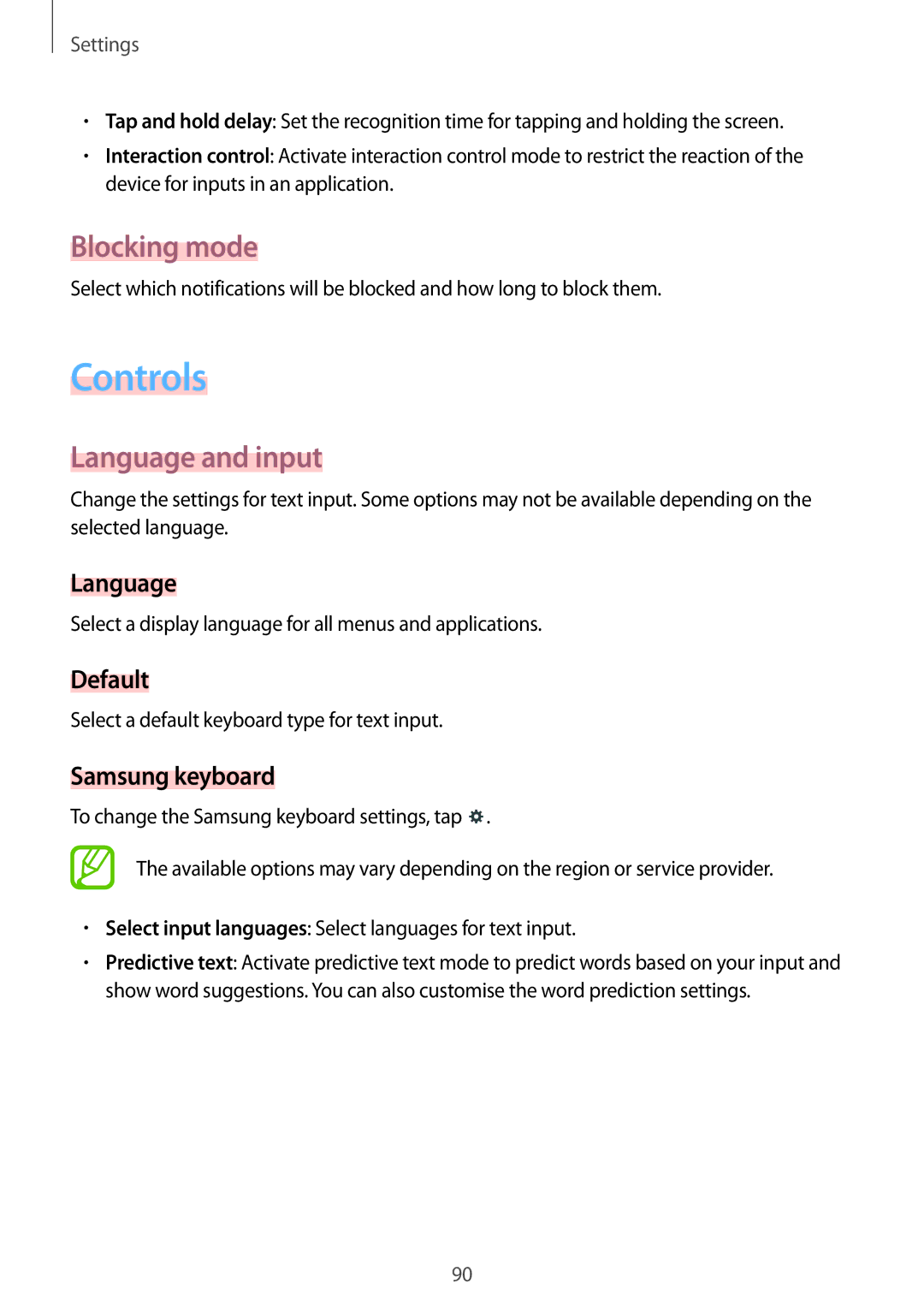 Samsung SM-T530NZWASEB, SM-T530NYKATPH, SM-T530NZWATPH, SM-T530NZWEDBT manual Controls, Blocking mode, Language and input 