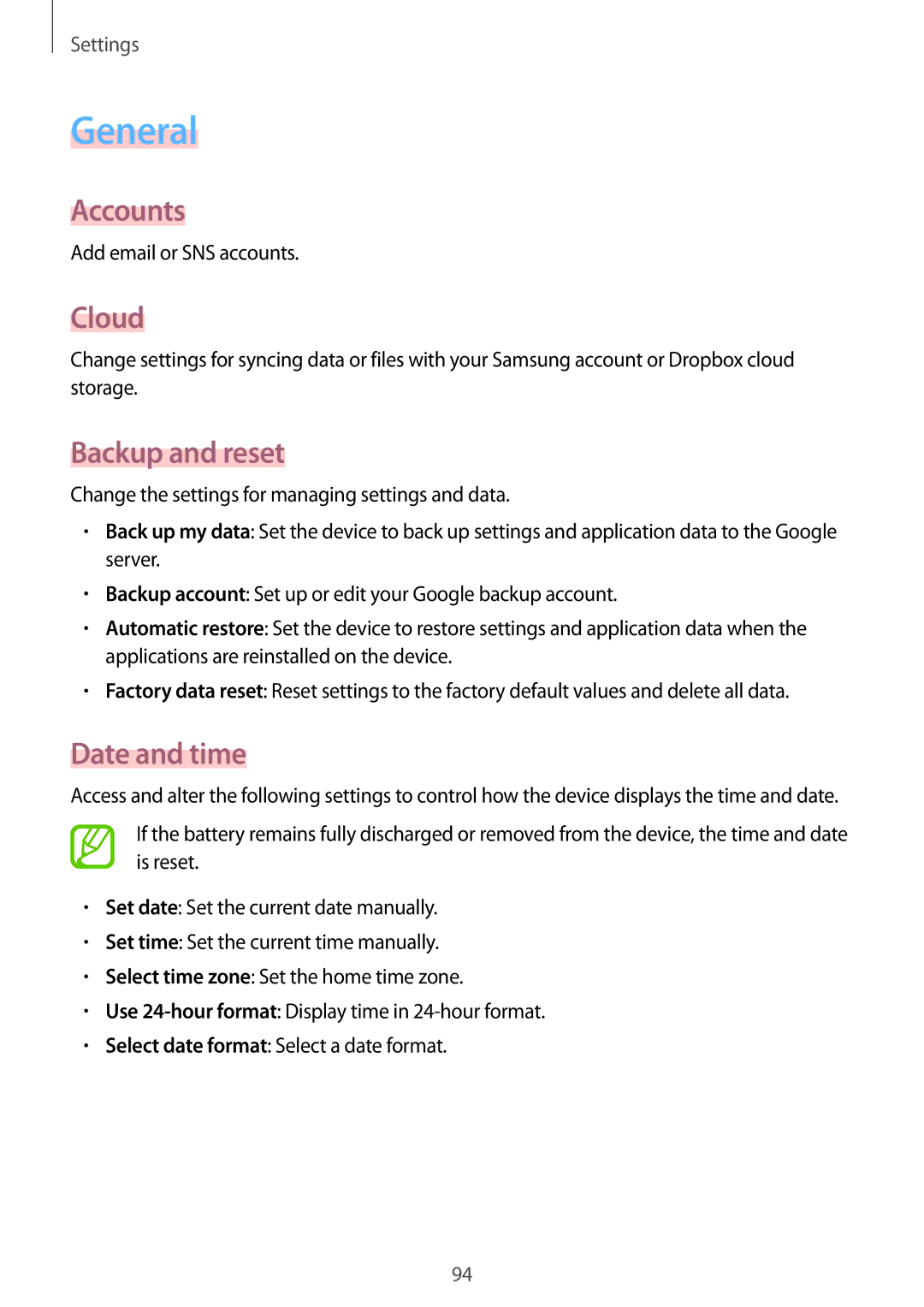 Samsung SM-T530NYKAEUR, SM-T530NYKATPH, SM-T530NZWATPH manual General, Accounts, Cloud, Backup and reset, Date and time 