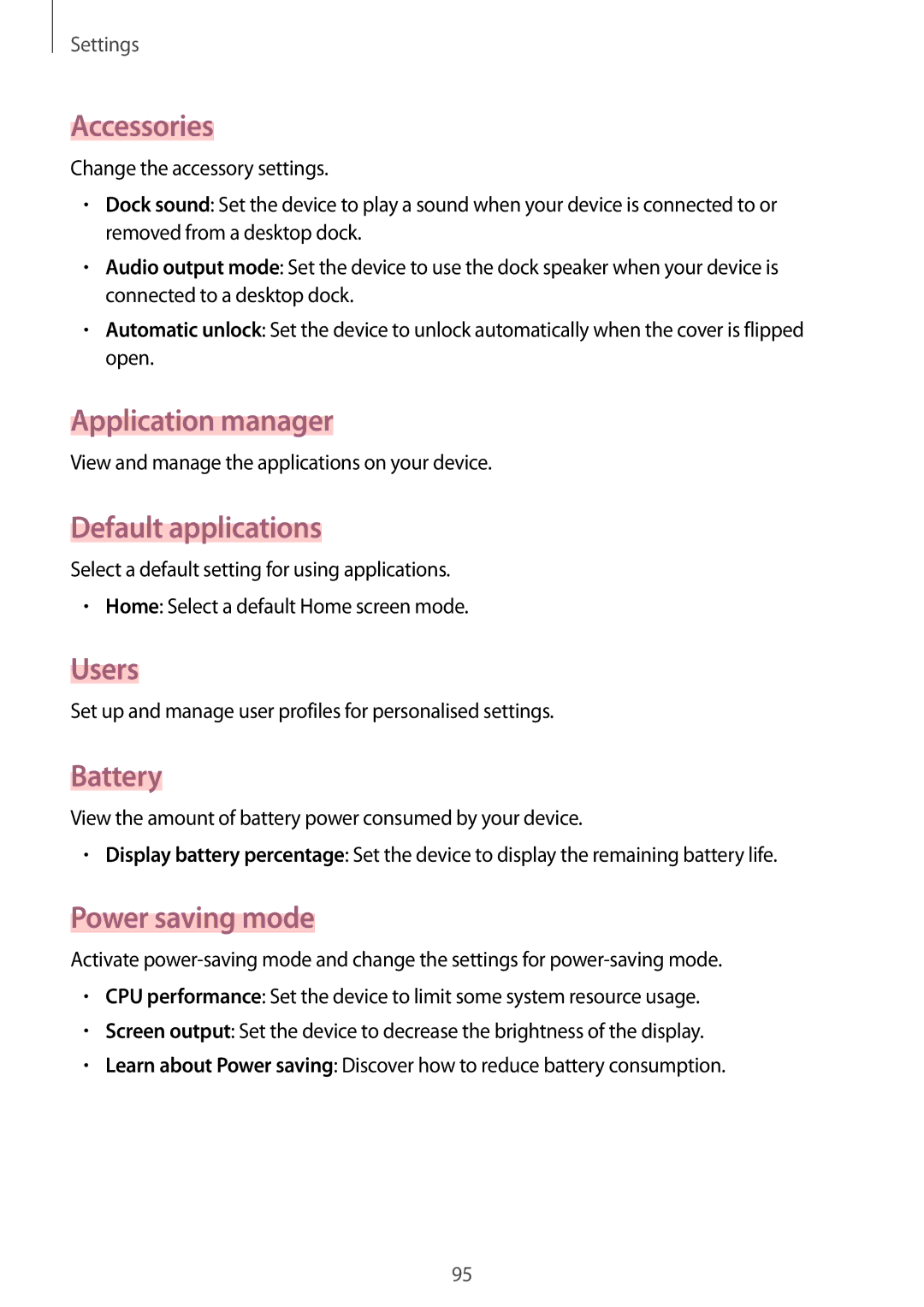 Samsung SM-T530NZWATUR manual Accessories, Application manager, Default applications, Users, Battery, Power saving mode 