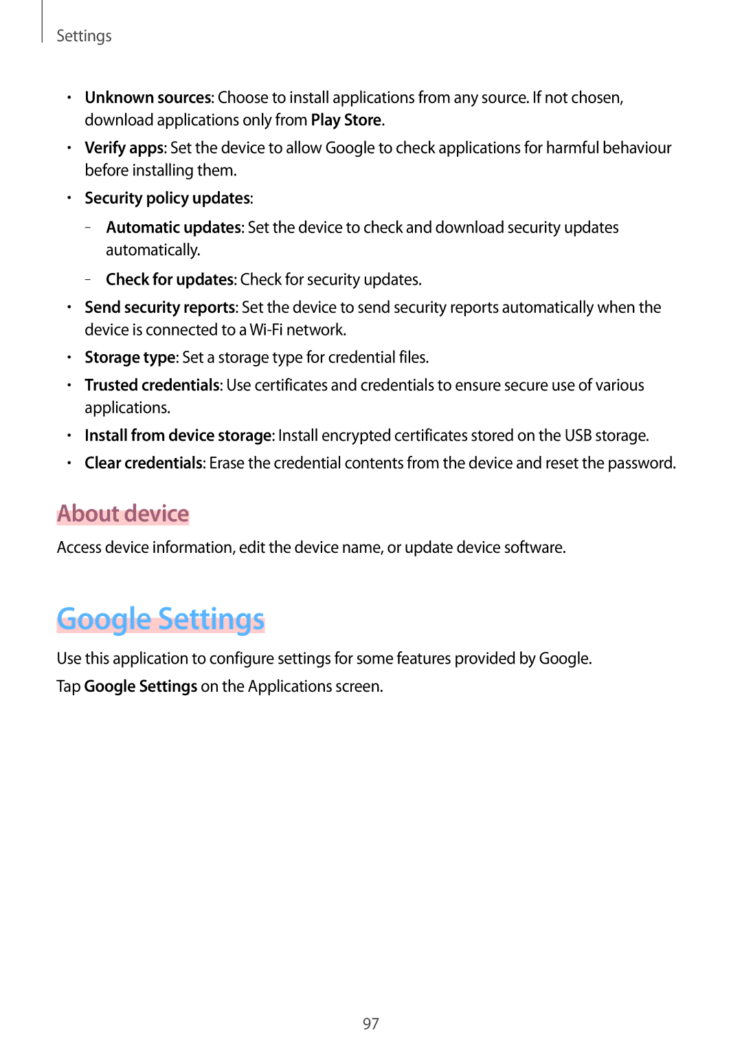 Samsung SM-T530NZWEXEF, SM-T530NYKATPH, SM-T530NZWATPH manual Google Settings, About device, Security policy updates 