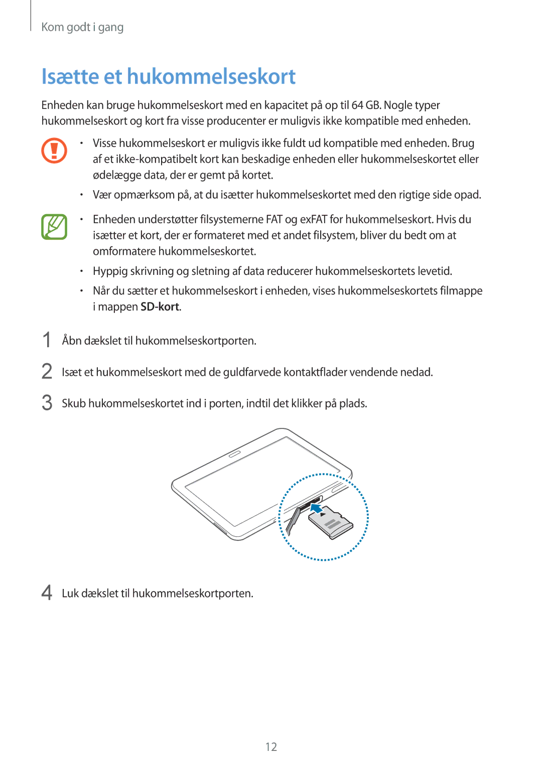 Samsung SM-T530NYKENEE, SM-T530NZWANEE, SM-T530NDWANEE, SM-T530NYKANEE manual Isætte et hukommelseskort 