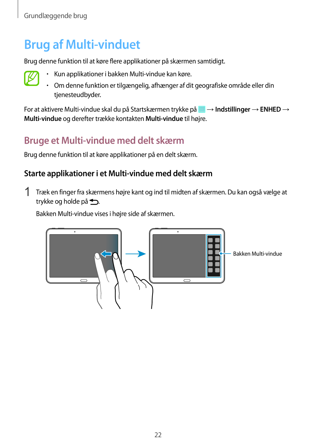 Samsung SM-T530NDWANEE, SM-T530NYKENEE, SM-T530NZWANEE manual Brug af Multi-vinduet, Bruge et Multi-vindue med delt skærm 