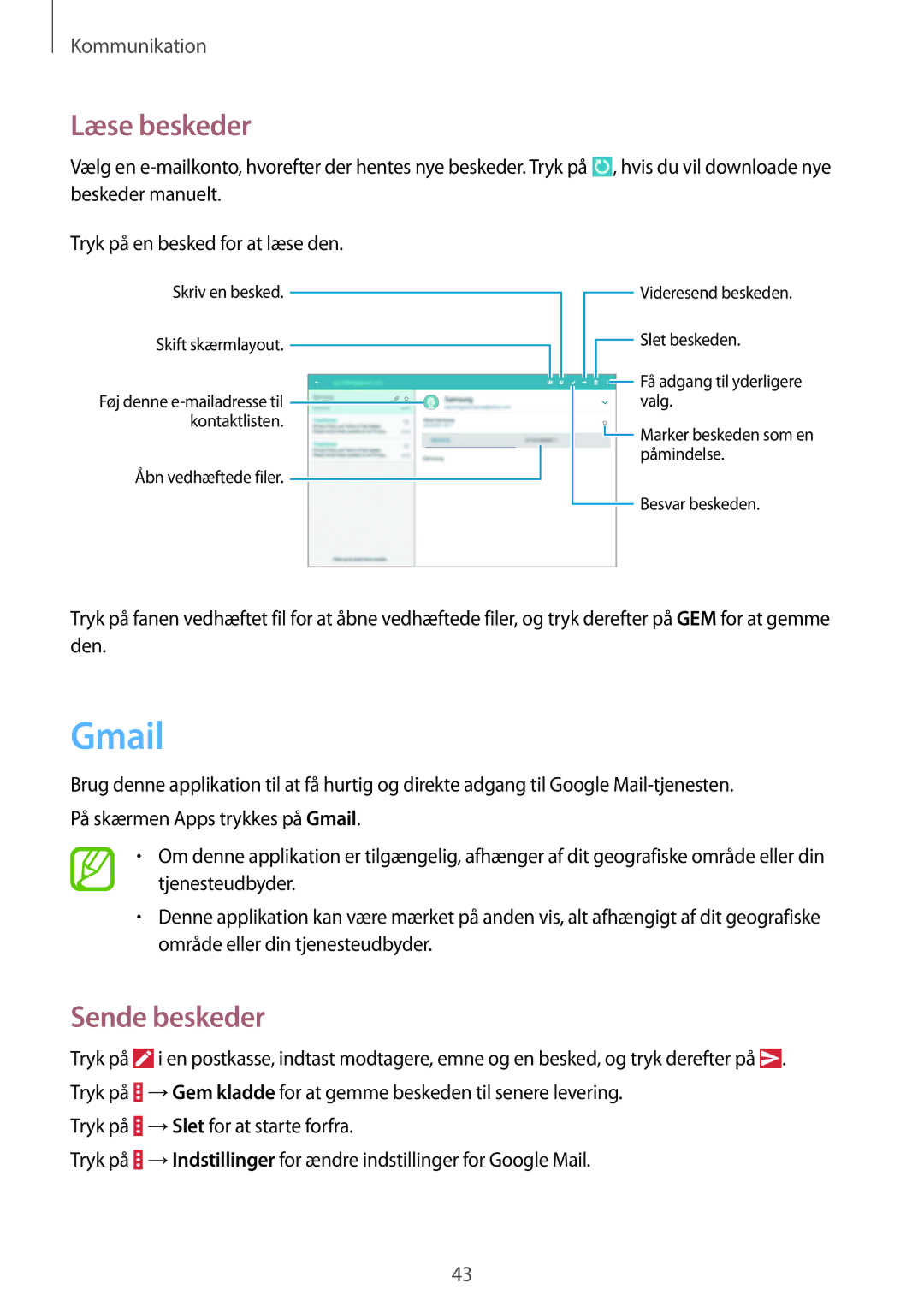 Samsung SM-T530NYKANEE, SM-T530NYKENEE, SM-T530NZWANEE, SM-T530NDWANEE manual Gmail, Læse beskeder 