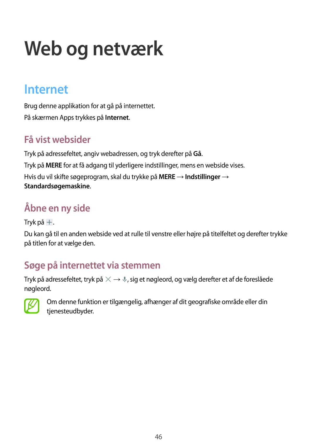 Samsung SM-T530NDWANEE manual Web og netværk, Internet, Få vist websider, Åbne en ny side, Søge på internettet via stemmen 