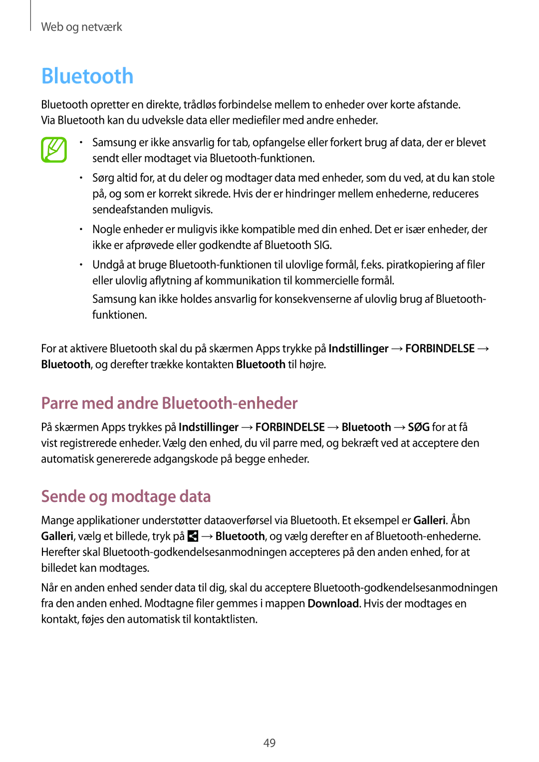 Samsung SM-T530NZWANEE, SM-T530NYKENEE, SM-T530NDWANEE manual Parre med andre Bluetooth-enheder, Sende og modtage data 
