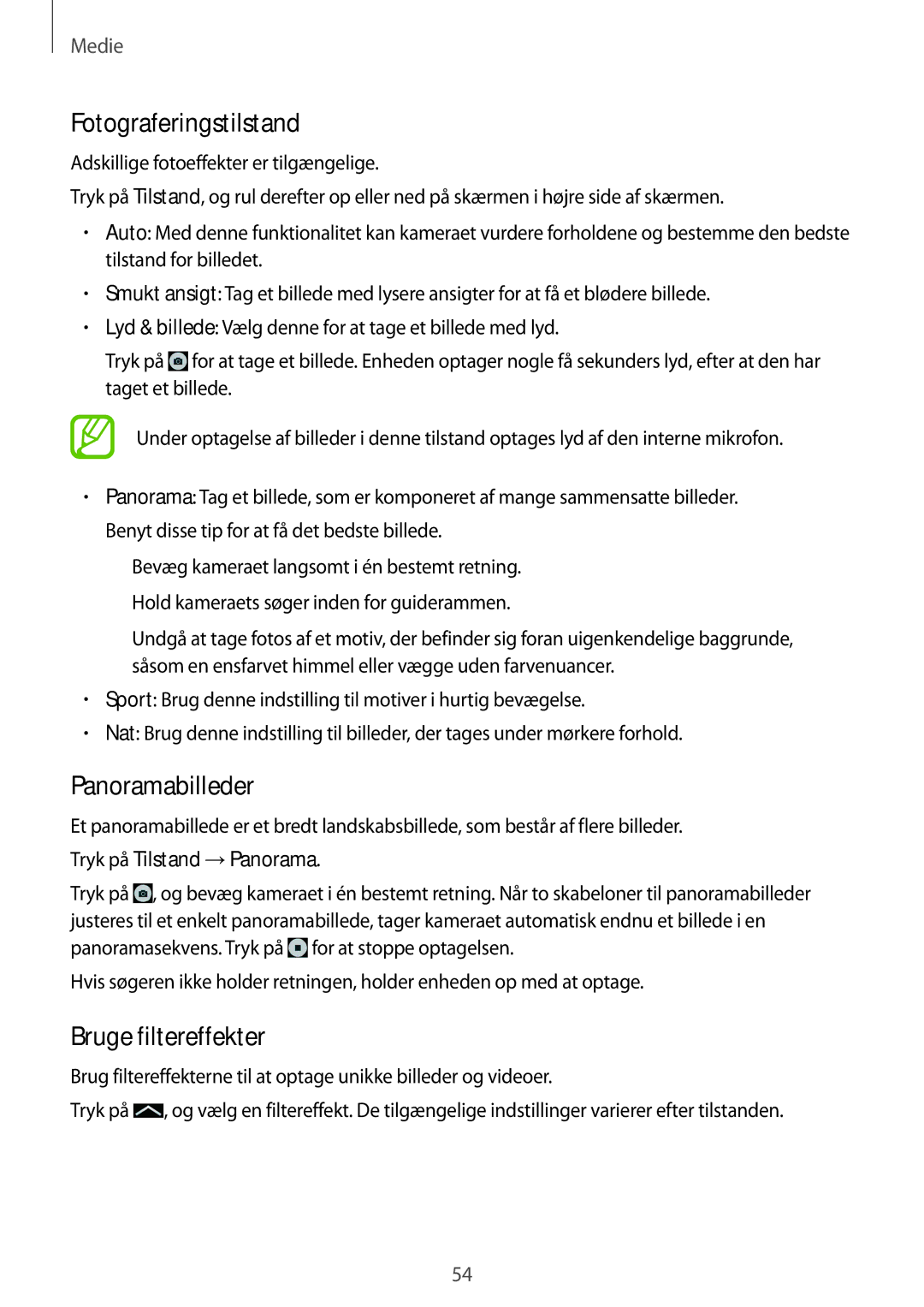 Samsung SM-T530NDWANEE, SM-T530NYKENEE, SM-T530NZWANEE manual Fotograferingstilstand, Panoramabilleder, Bruge filtereffekter 