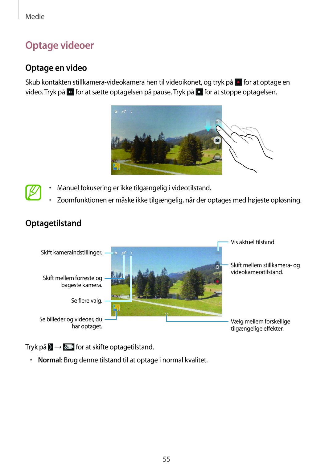 Samsung SM-T530NYKANEE manual Optage videoer, Optage en video, Optagetilstand, Tryk på → for at skifte optagetilstand 