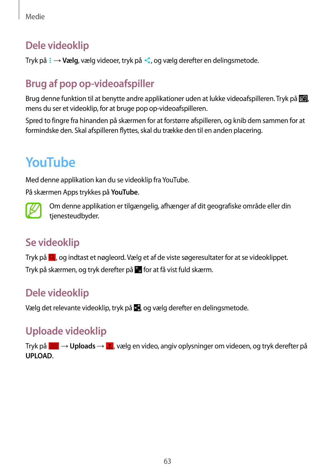 Samsung SM-T530NYKANEE manual YouTube, Dele videoklip, Brug af pop op-videoafspiller, Se videoklip, Uploade videoklip 