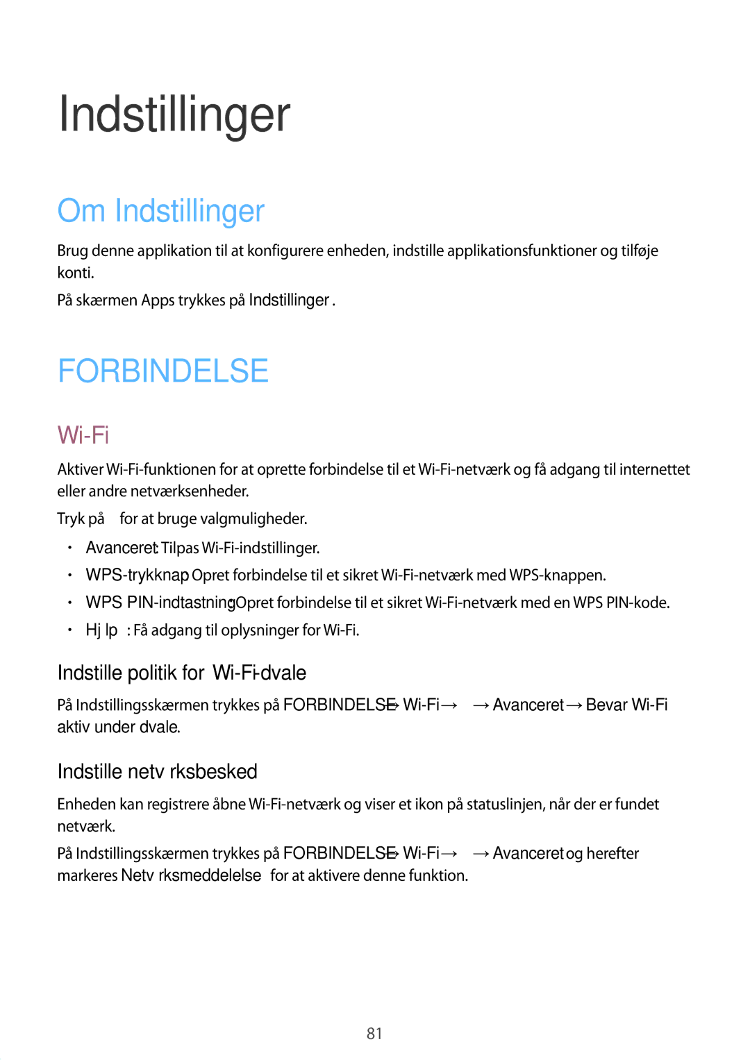 Samsung SM-T530NZWANEE manual Om Indstillinger, Indstille politik for Wi-Fi-dvale, Indstille netværksbesked 