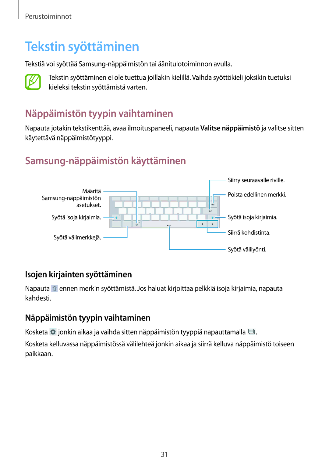 Samsung SM-T530NYKANEE manual Tekstin syöttäminen, Näppäimistön tyypin vaihtaminen, Samsung-näppäimistön käyttäminen 