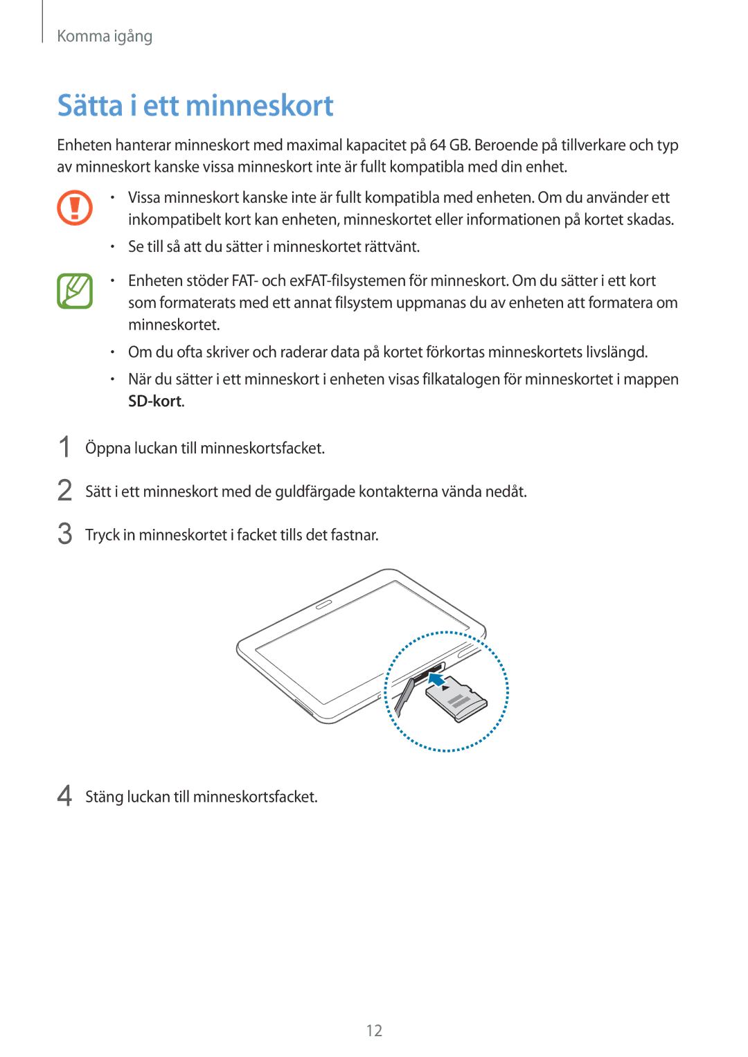 Samsung SM-T530NYKENEE, SM-T530NZWANEE, SM-T530NDWANEE, SM-T530NYKANEE manual Sätta i ett minneskort 