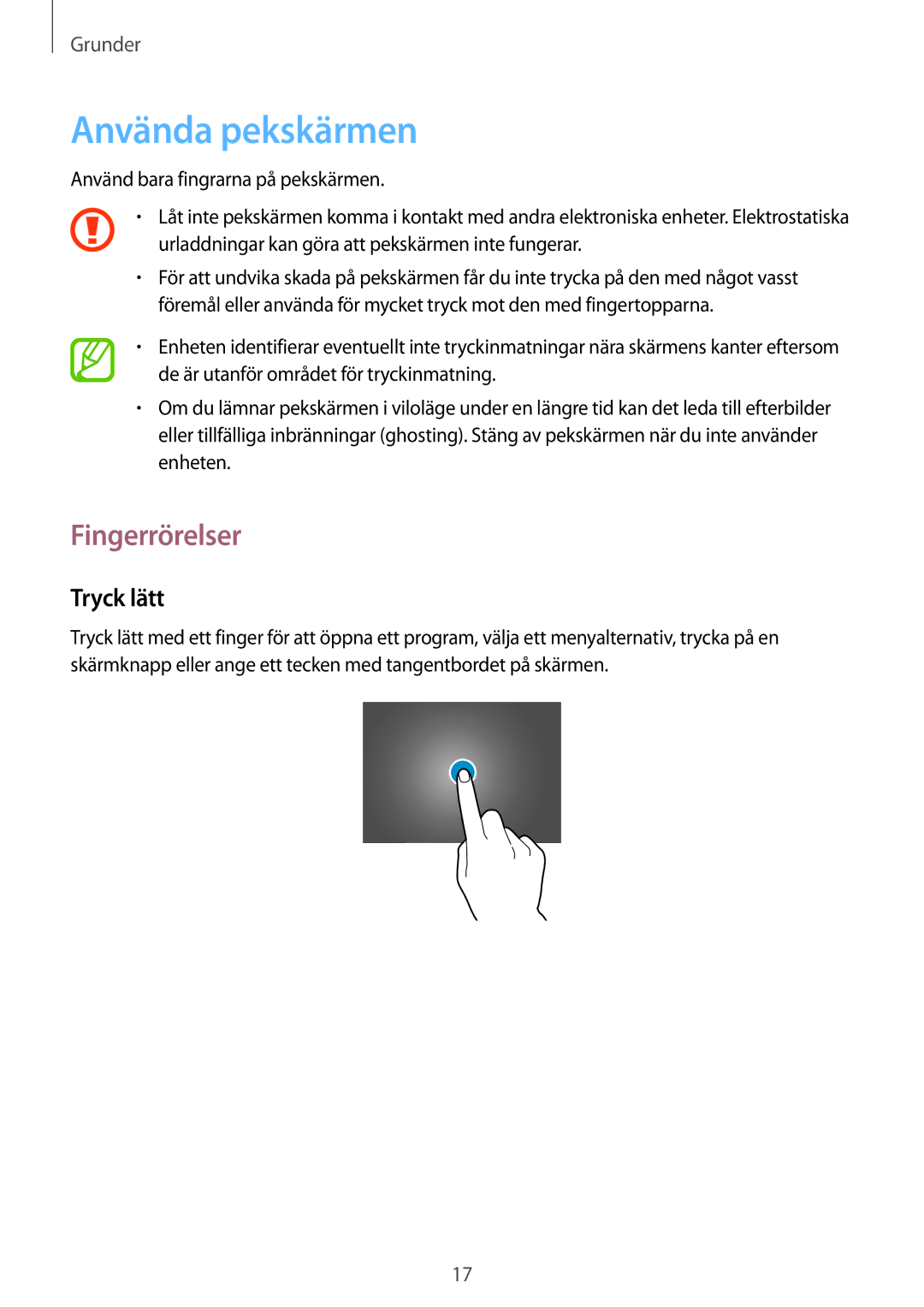 Samsung SM-T530NZWANEE, SM-T530NYKENEE, SM-T530NDWANEE, SM-T530NYKANEE manual Använda pekskärmen, Fingerrörelser, Tryck lätt 