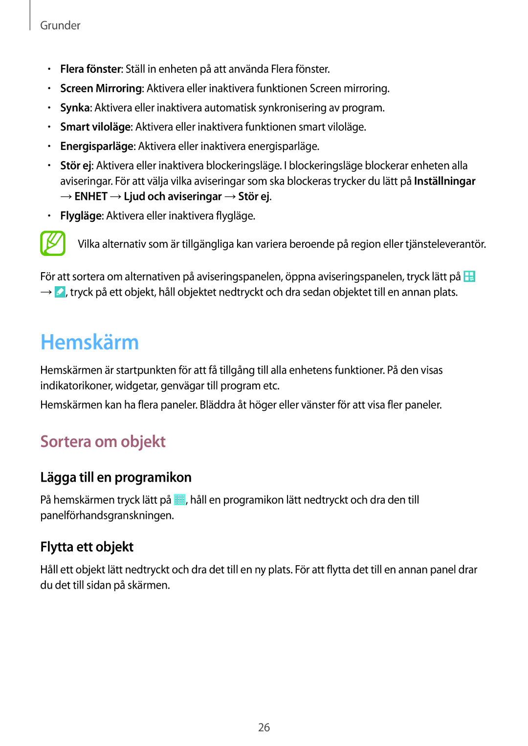 Samsung SM-T530NDWANEE, SM-T530NYKENEE manual Hemskärm, Sortera om objekt, Lägga till en programikon, Flytta ett objekt 