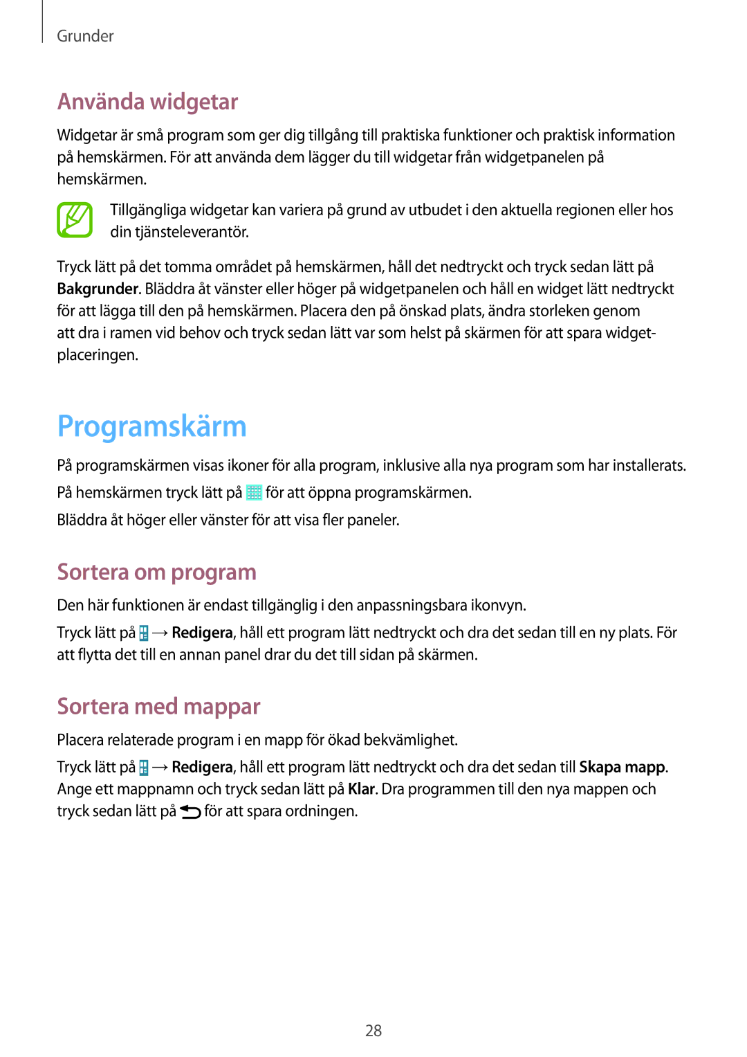 Samsung SM-T530NYKENEE, SM-T530NZWANEE manual Programskärm, Använda widgetar, Sortera om program, Sortera med mappar 