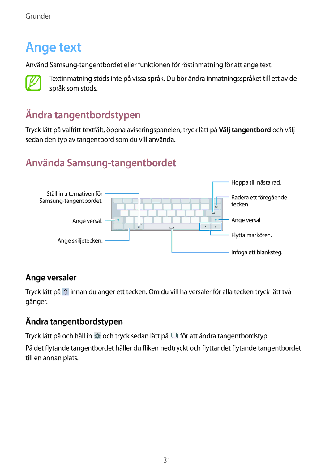 Samsung SM-T530NYKANEE, SM-T530NYKENEE, SM-T530NZWANEE, SM-T530NDWANEE Ange text, Ändra tangentbordstypen, Ange versaler 