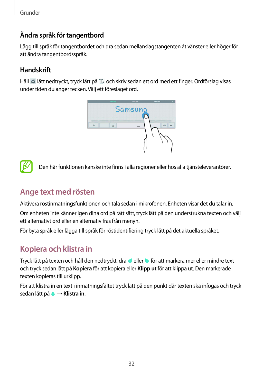 Samsung SM-T530NYKENEE, SM-T530NZWANEE Ange text med rösten, Kopiera och klistra, Ändra språk för tangentbord, Handskrift 