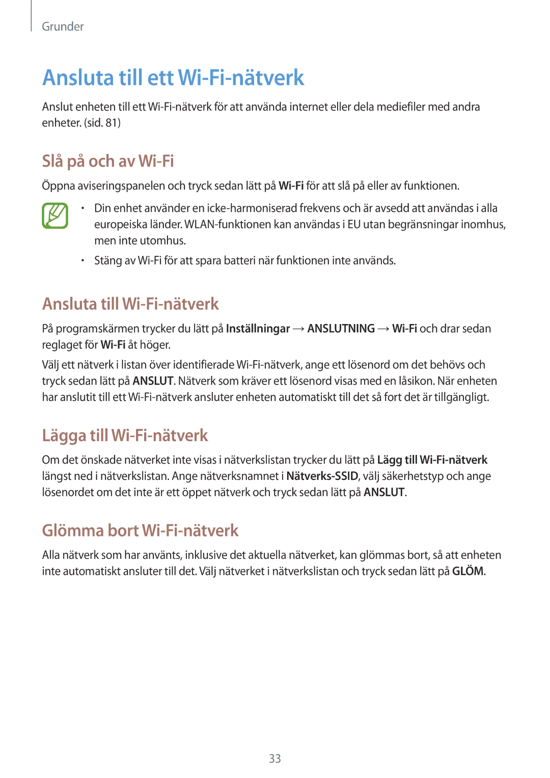 Samsung SM-T530NZWANEE, SM-T530NYKENEE Ansluta till ett Wi-Fi-nätverk, Slå på och av Wi-Fi, Ansluta till Wi-Fi-nätverk 