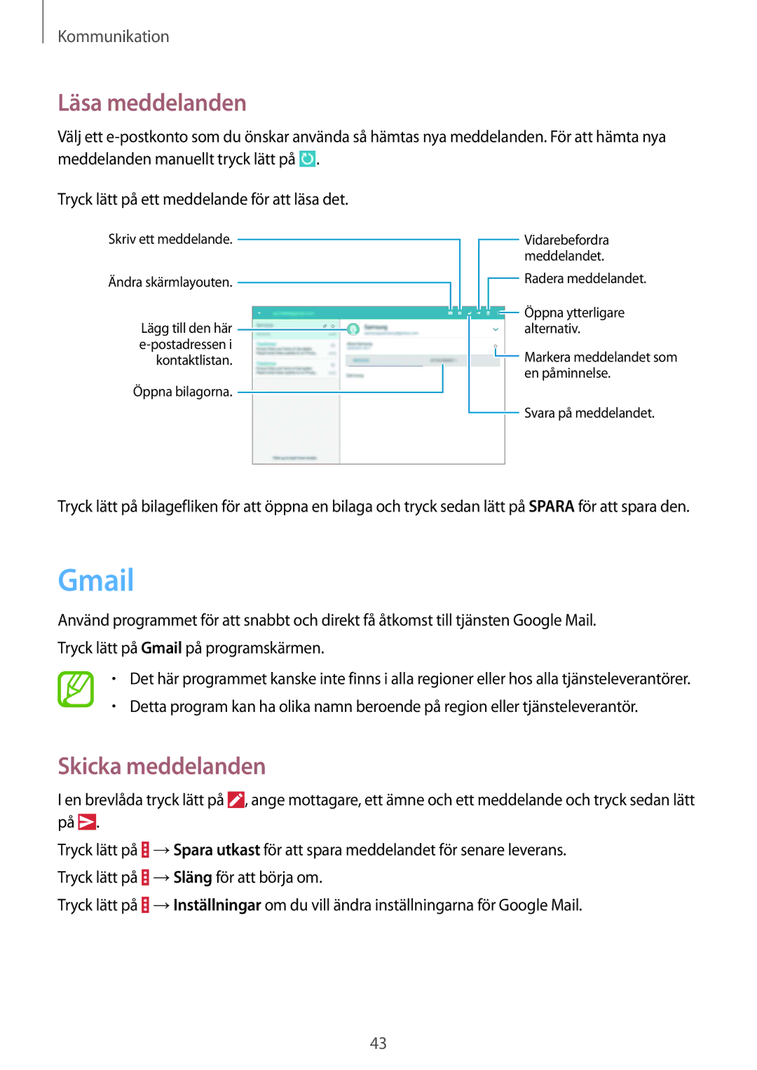 Samsung SM-T530NYKANEE, SM-T530NYKENEE, SM-T530NZWANEE, SM-T530NDWANEE manual Gmail, Läsa meddelanden 