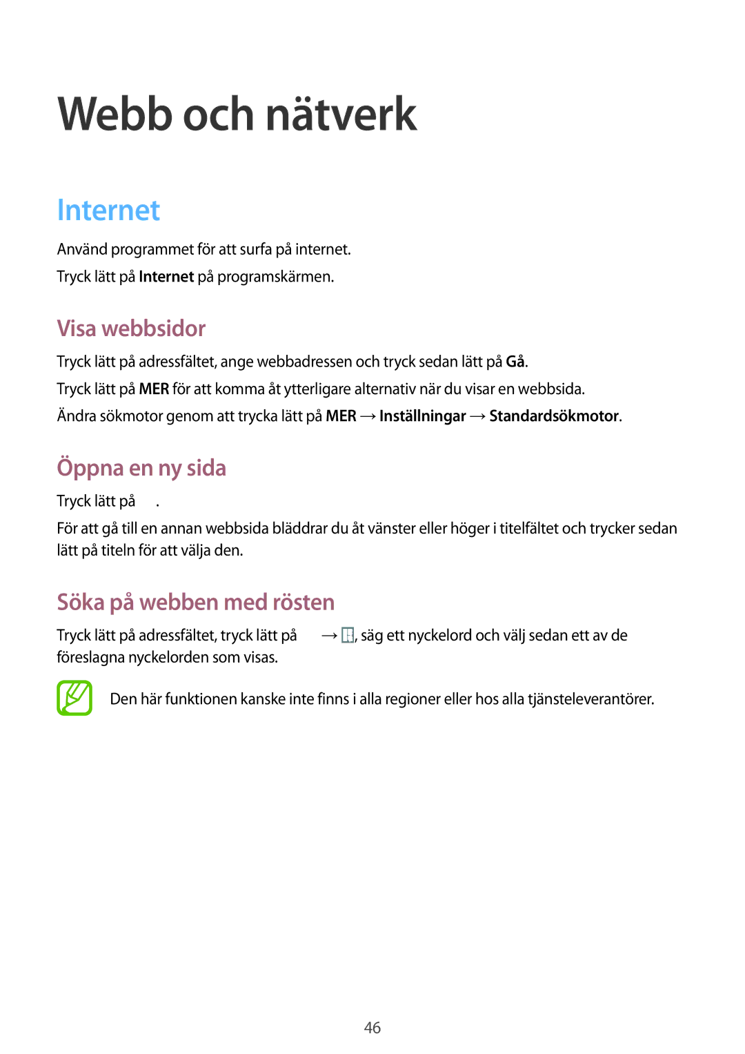 Samsung SM-T530NDWANEE manual Webb och nätverk, Internet, Visa webbsidor, Öppna en ny sida, Söka på webben med rösten 