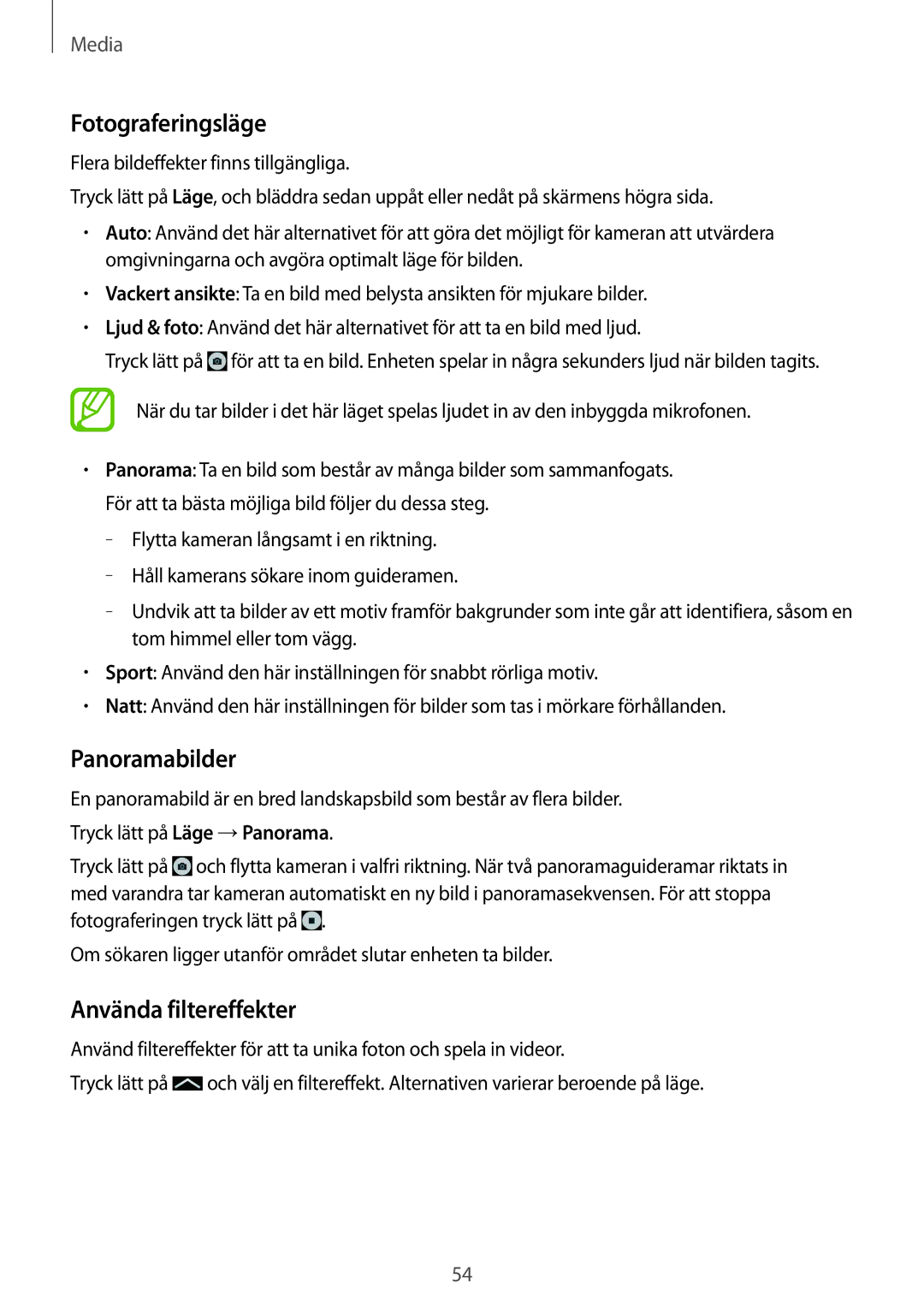 Samsung SM-T530NDWANEE, SM-T530NYKENEE, SM-T530NZWANEE manual Fotograferingsläge, Panoramabilder, Använda filtereffekter 