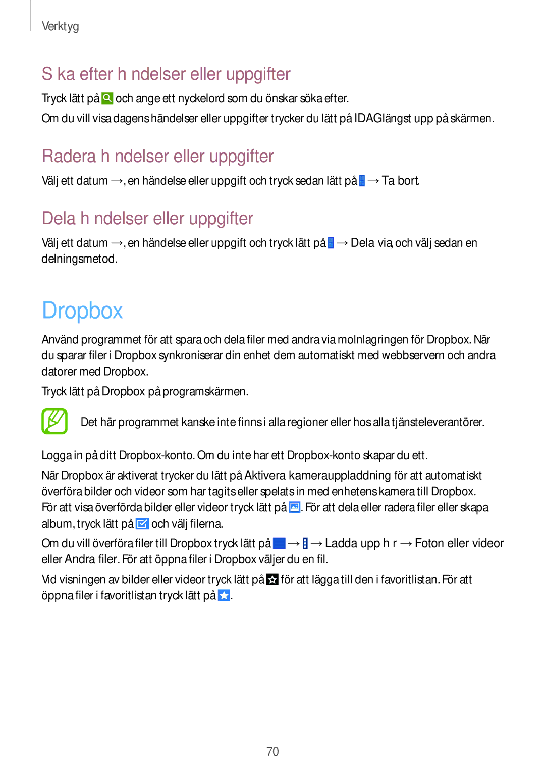 Samsung SM-T530NDWANEE, SM-T530NYKENEE Dropbox, Söka efter händelser eller uppgifter, Radera händelser eller uppgifter 