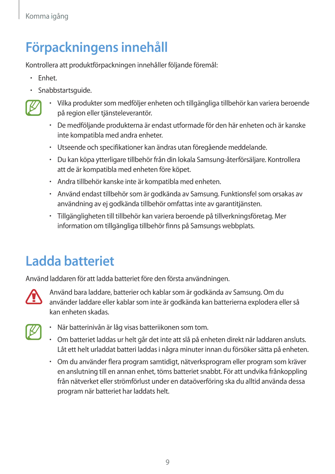 Samsung SM-T530NZWANEE, SM-T530NYKENEE, SM-T530NDWANEE, SM-T530NYKANEE manual Förpackningens innehåll, Ladda batteriet 