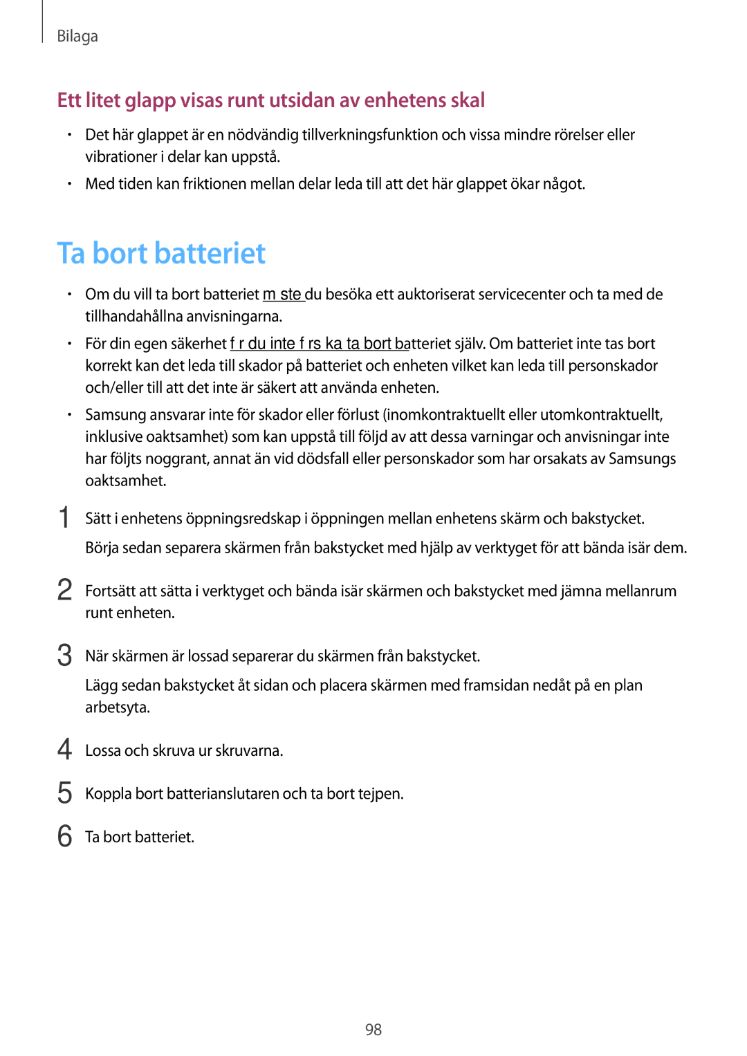 Samsung SM-T530NDWANEE, SM-T530NYKENEE manual Ta bort batteriet, Ett litet glapp visas runt utsidan av enhetens skal 