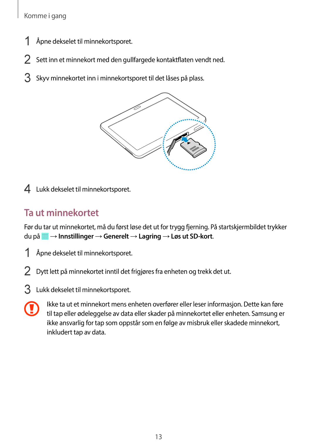 Samsung SM-T530NZWANEE, SM-T530NYKENEE, SM-T530NDWANEE, SM-T530NYKANEE manual Ta ut minnekortet 