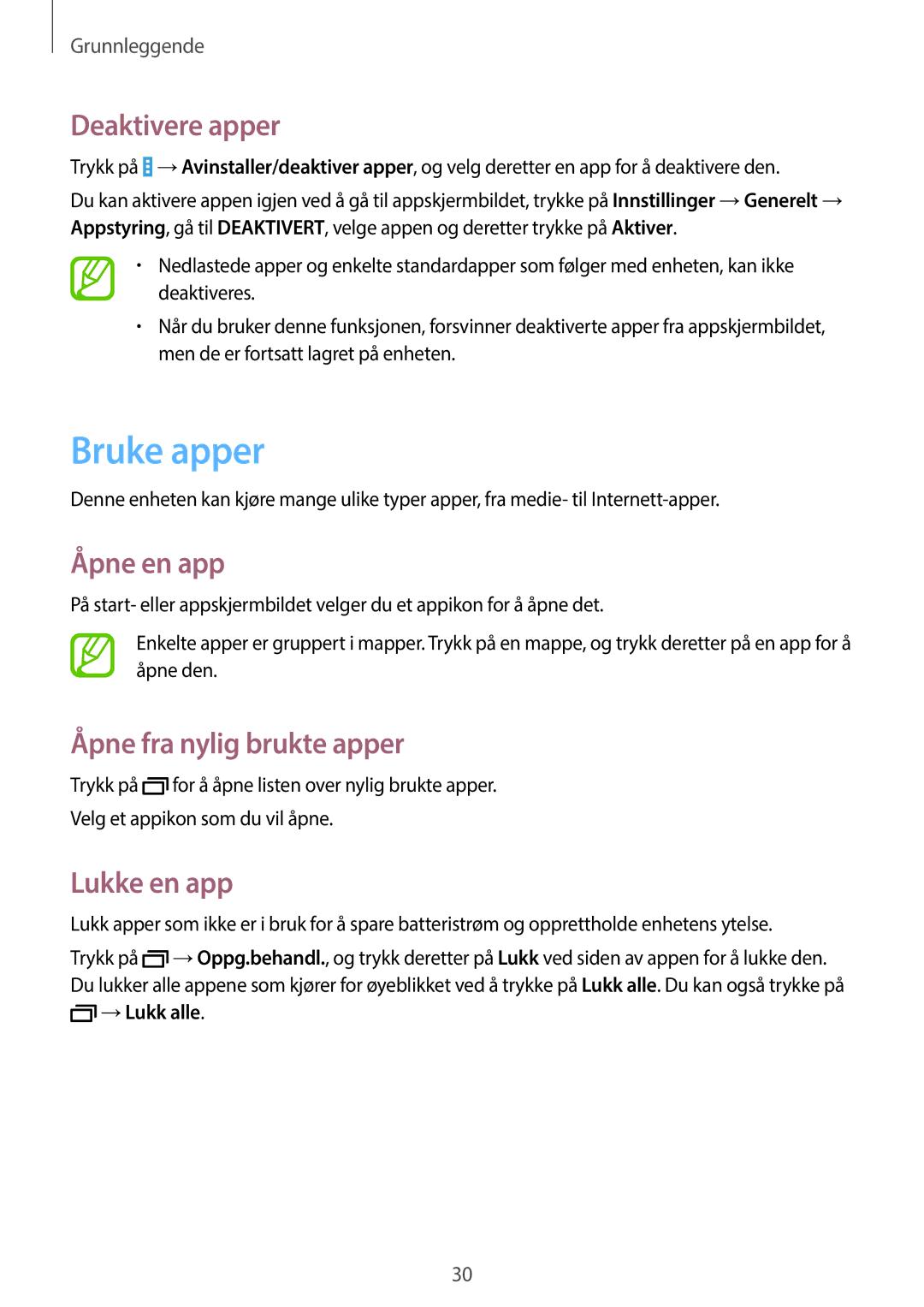 Samsung SM-T530NDWANEE manual Bruke apper, Deaktivere apper, Åpne en app, Åpne fra nylig brukte apper, Lukke en app 