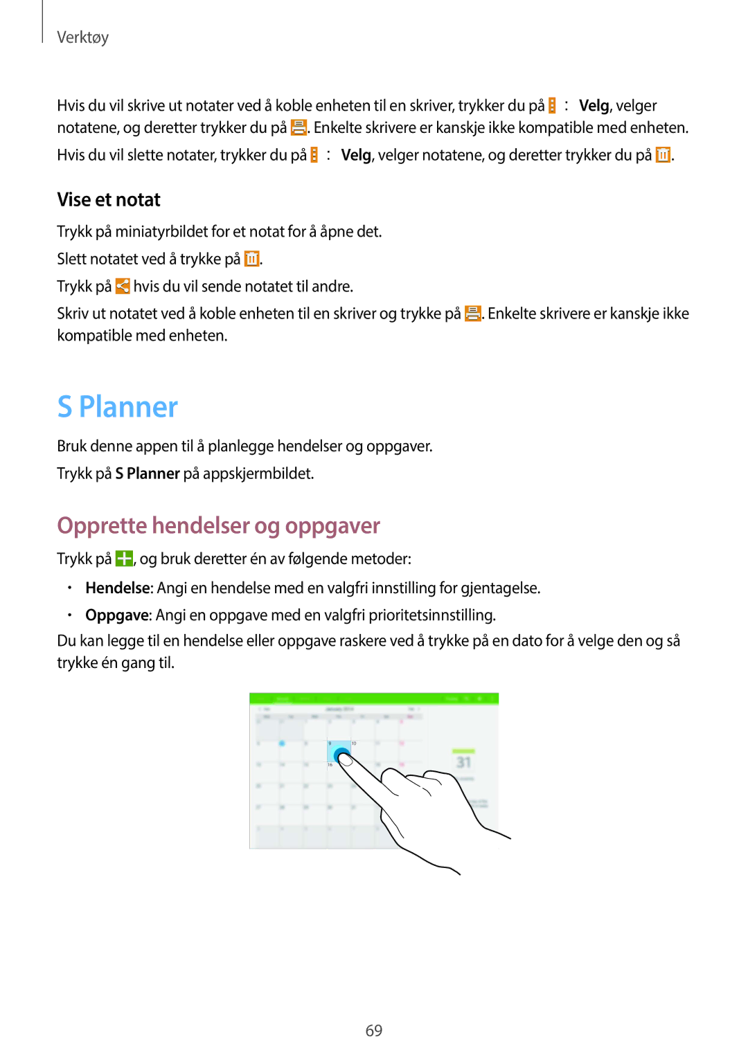 Samsung SM-T530NZWANEE, SM-T530NYKENEE, SM-T530NDWANEE manual Planner, Opprette hendelser og oppgaver, Vise et notat 