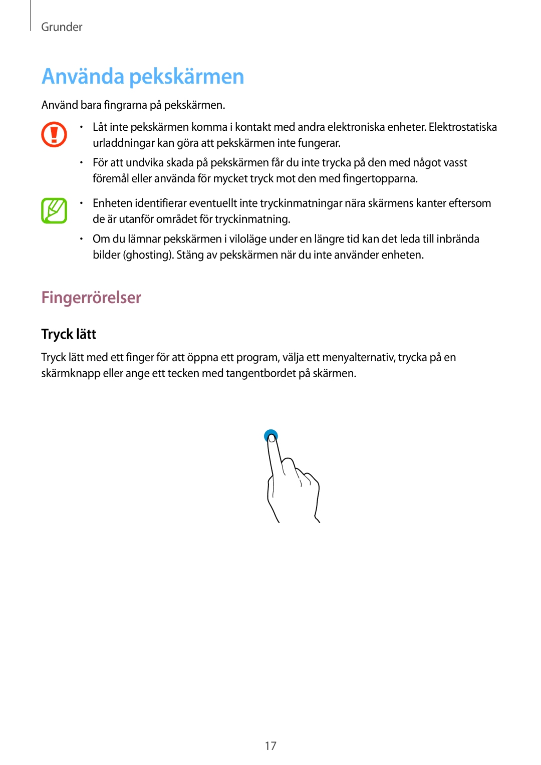 Samsung SM-T530NZWANEE, SM-T530NYKENEE, SM-T530NDWANEE, SM-T530NYKANEE manual Använda pekskärmen, Fingerrörelser, Tryck lätt 