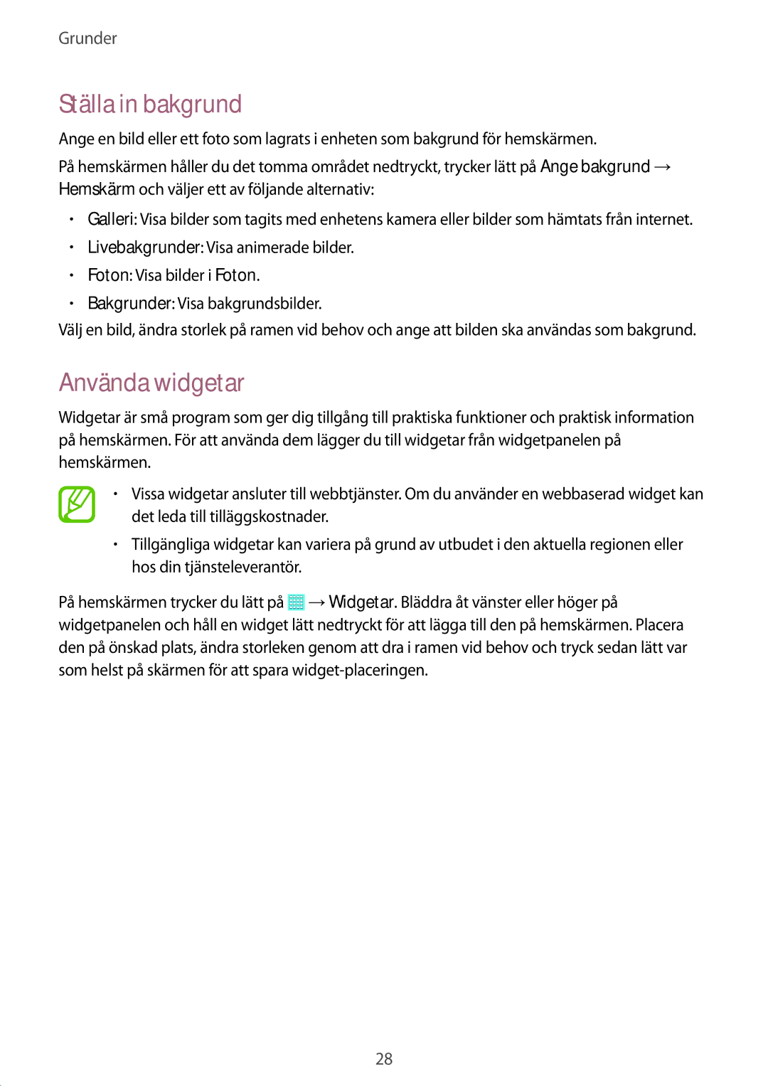 Samsung SM-T530NYKENEE, SM-T530NZWANEE, SM-T530NDWANEE, SM-T530NYKANEE manual Ställa in bakgrund, Använda widgetar 