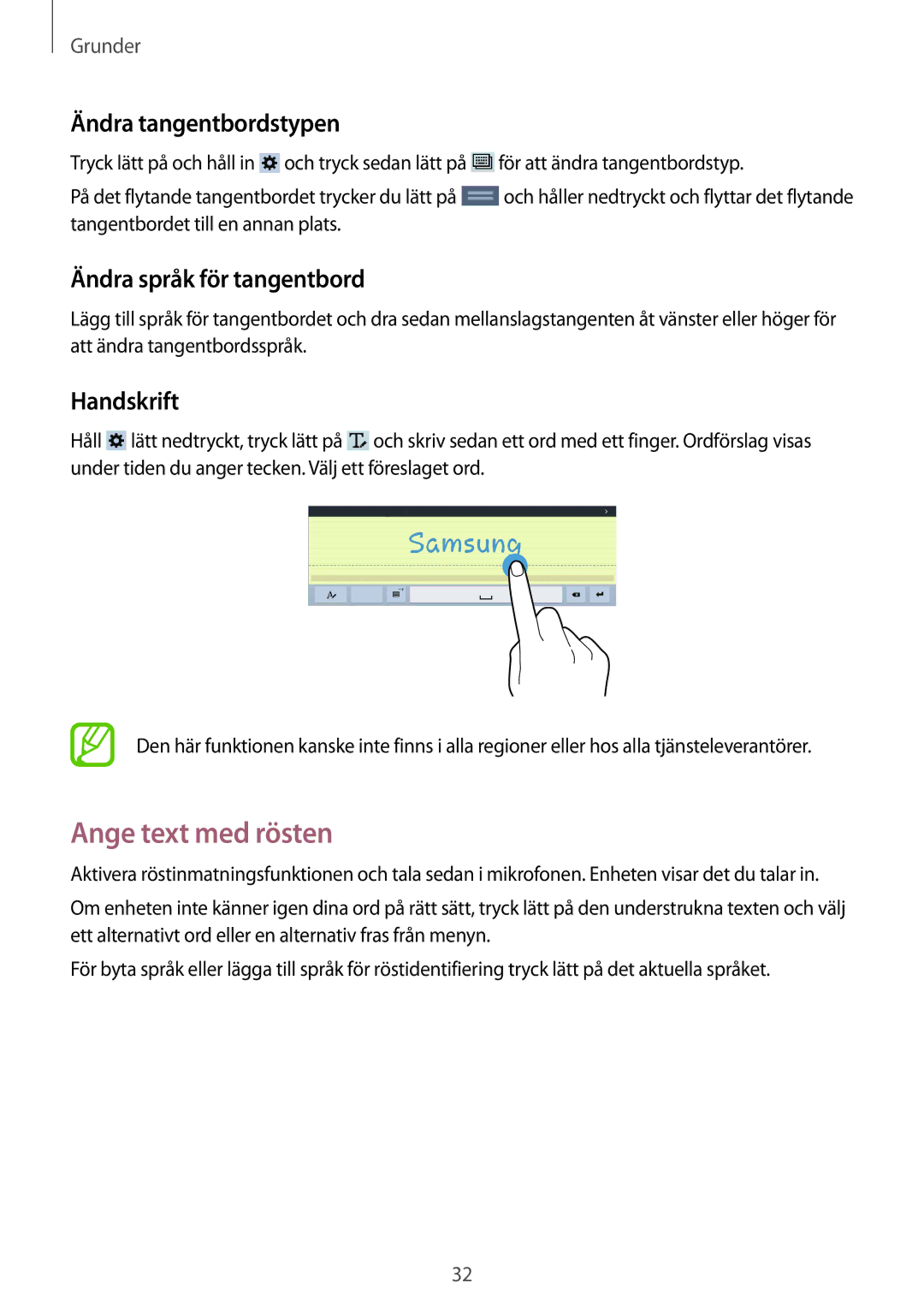 Samsung SM-T530NYKENEE manual Ange text med rösten, Ändra tangentbordstypen, Ändra språk för tangentbord, Handskrift 