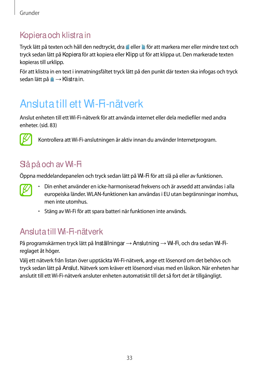 Samsung SM-T530NZWANEE, SM-T530NYKENEE manual Ansluta till ett Wi-Fi-nätverk, Kopiera och klistra, Slå på och av Wi-Fi 