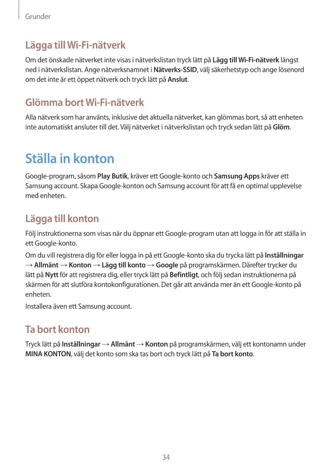 Samsung SM-T530NDWANEE manual Ställa in konton, Lägga till Wi-Fi-nätverk, Glömma bort Wi-Fi-nätverk, Lägga till konton 