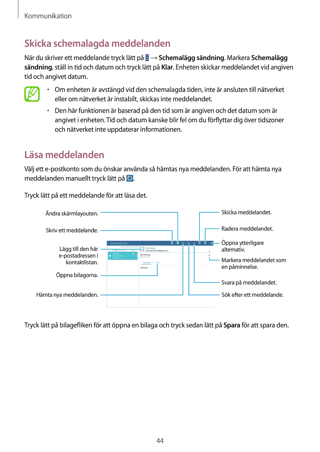 Samsung SM-T530NYKENEE, SM-T530NZWANEE, SM-T530NDWANEE, SM-T530NYKANEE manual Skicka schemalagda meddelanden, Läsa meddelanden 