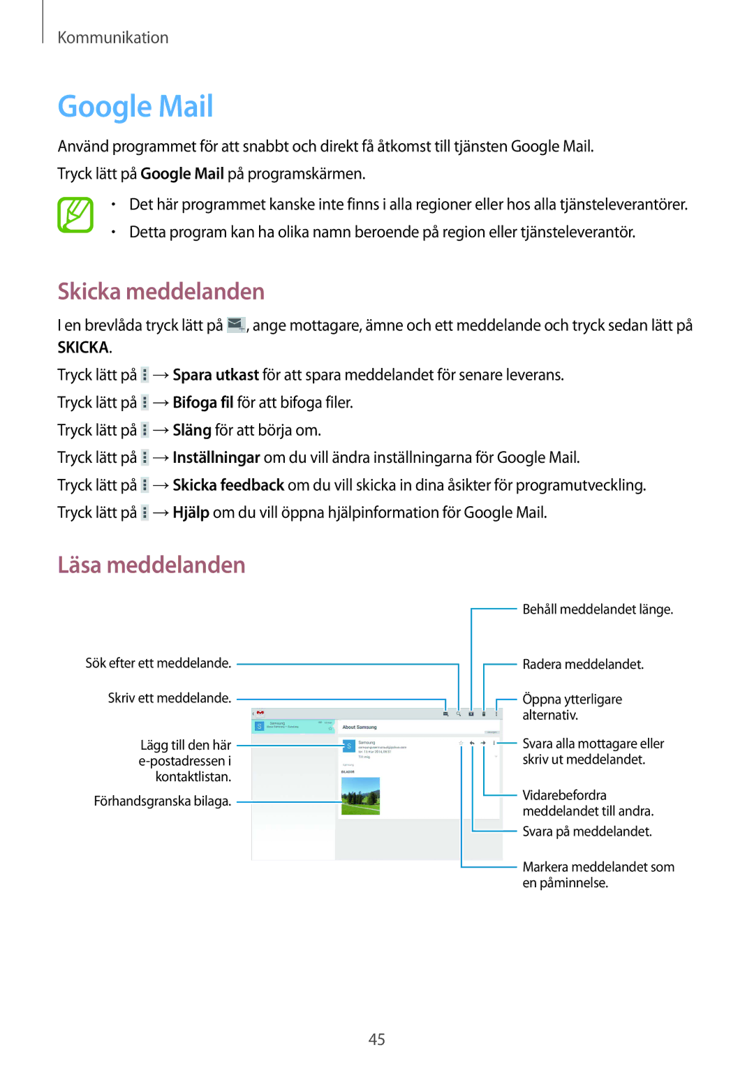 Samsung SM-T530NZWANEE, SM-T530NYKENEE, SM-T530NDWANEE, SM-T530NYKANEE manual Google Mail, Skicka 