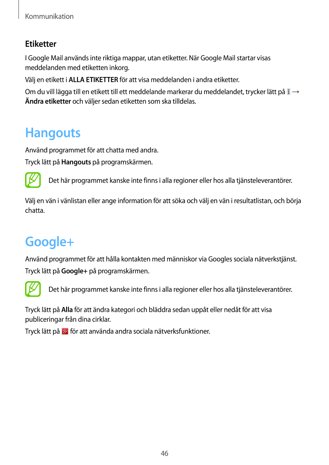 Samsung SM-T530NDWANEE, SM-T530NYKENEE, SM-T530NZWANEE, SM-T530NYKANEE manual Hangouts, Google+, Etiketter 