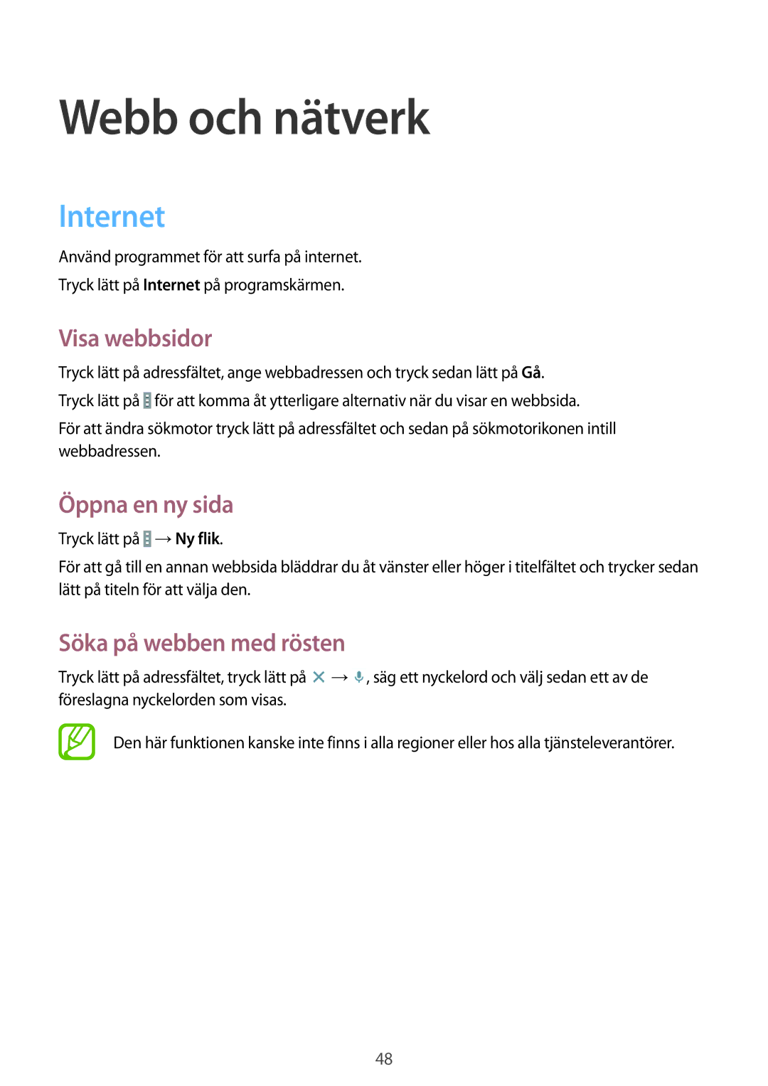 Samsung SM-T530NYKENEE manual Webb och nätverk, Internet, Visa webbsidor, Öppna en ny sida, Söka på webben med rösten 