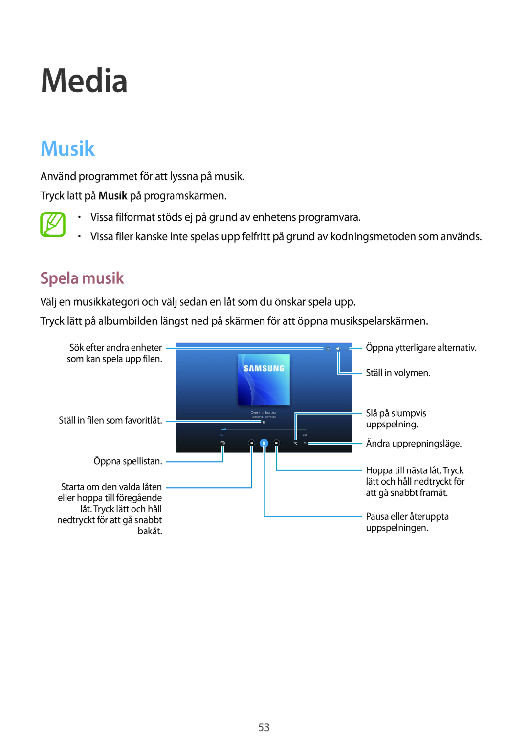 Samsung SM-T530NZWANEE, SM-T530NYKENEE, SM-T530NDWANEE, SM-T530NYKANEE manual Media, Musik, Spela musik 