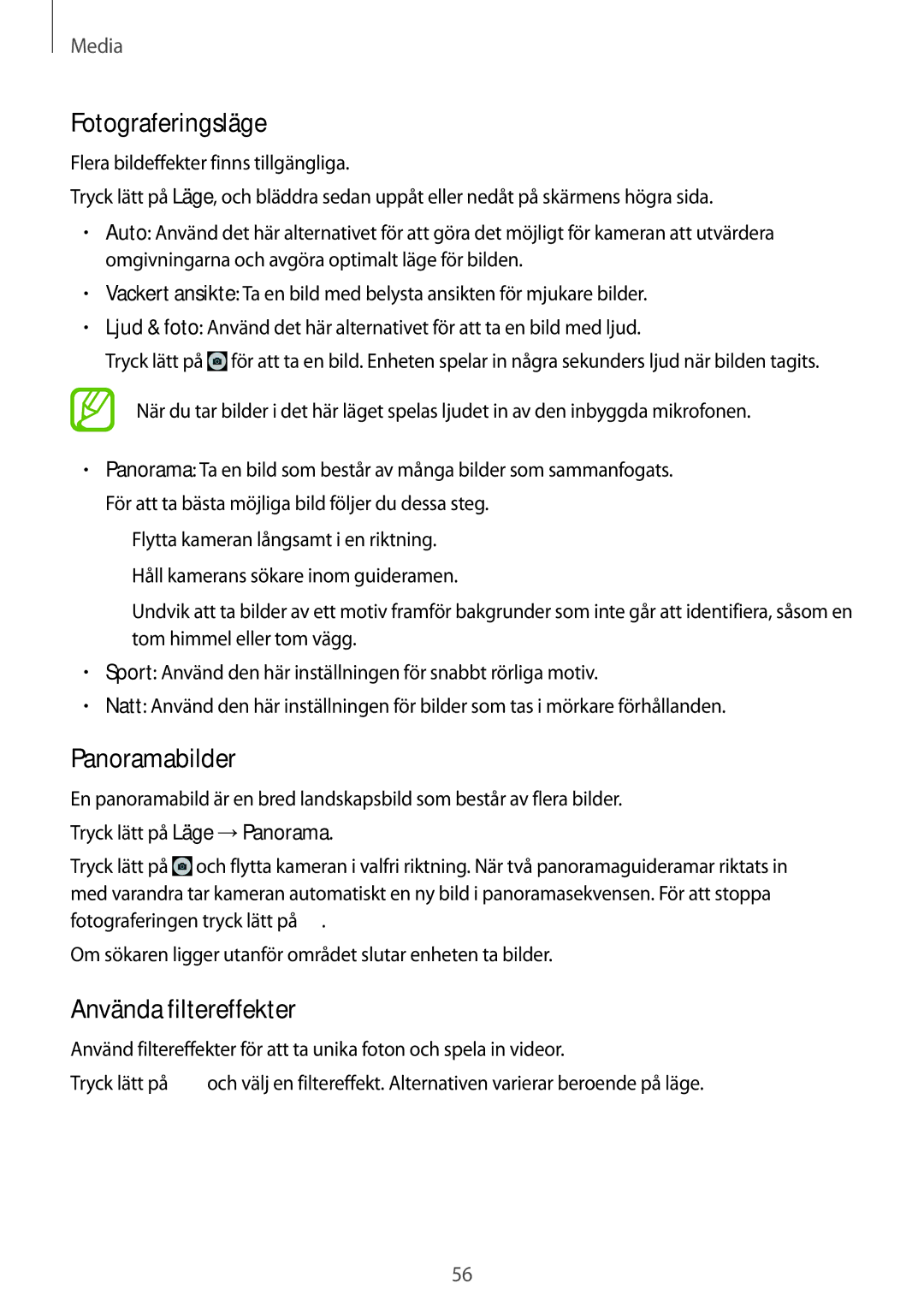 Samsung SM-T530NYKENEE, SM-T530NZWANEE, SM-T530NDWANEE manual Fotograferingsläge, Panoramabilder, Använda filtereffekter 