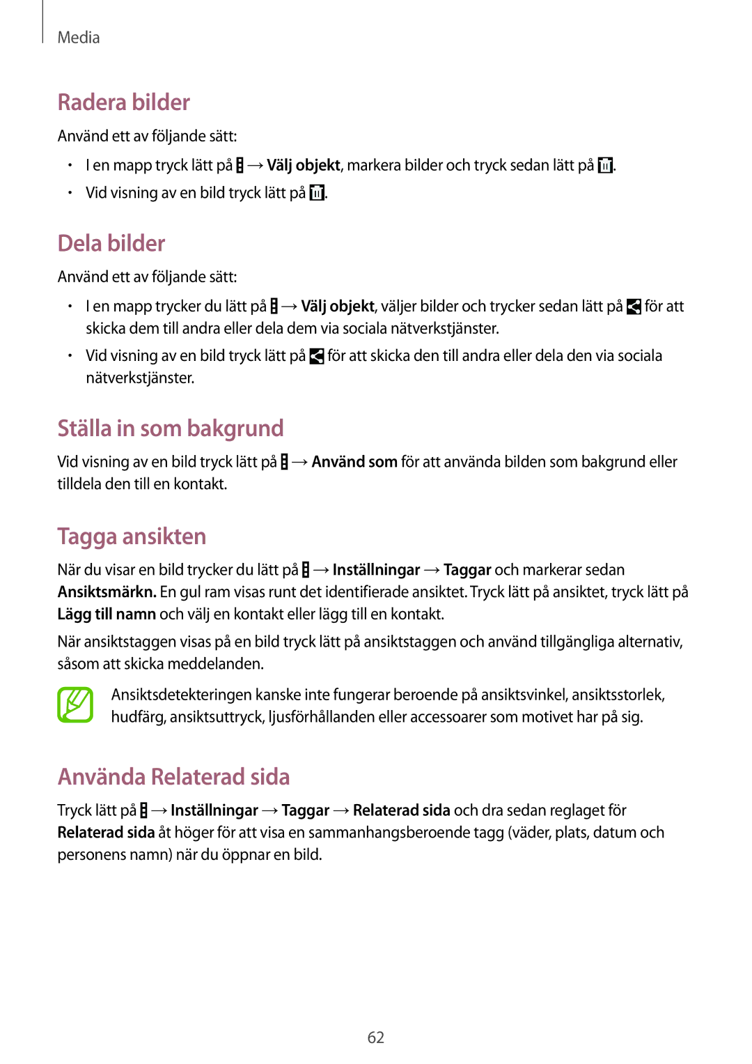 Samsung SM-T530NDWANEE manual Radera bilder, Dela bilder, Ställa in som bakgrund, Tagga ansikten, Använda Relaterad sida 