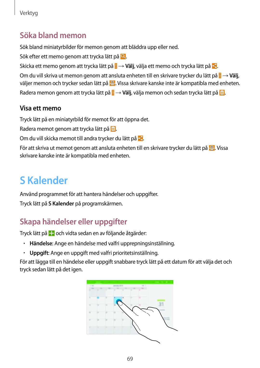 Samsung SM-T530NZWANEE, SM-T530NYKENEE manual Kalender, Söka bland memon, Skapa händelser eller uppgifter, Visa ett memo 