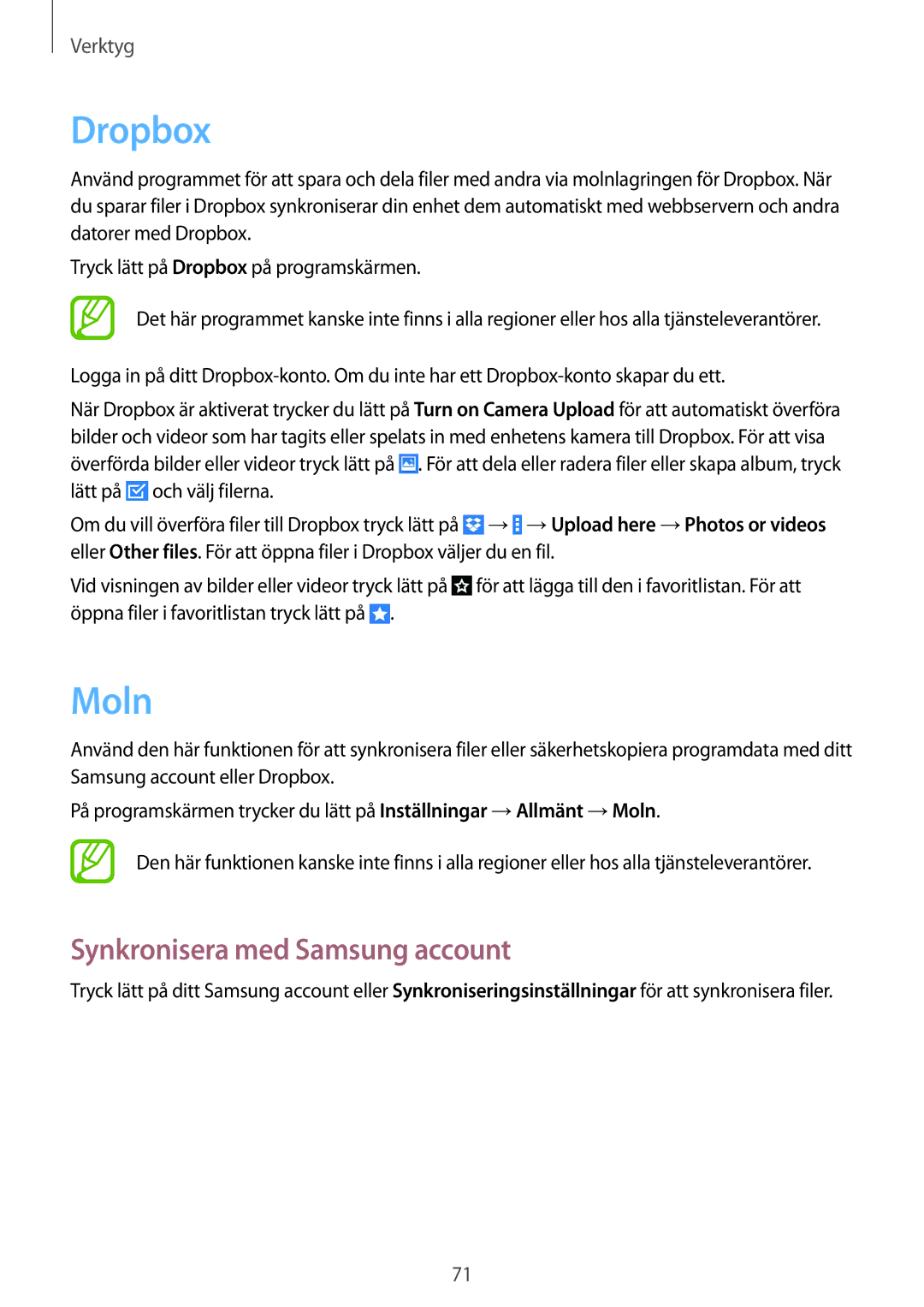 Samsung SM-T530NYKANEE, SM-T530NYKENEE, SM-T530NZWANEE, SM-T530NDWANEE manual Dropbox, Moln, Synkronisera med Samsung account 