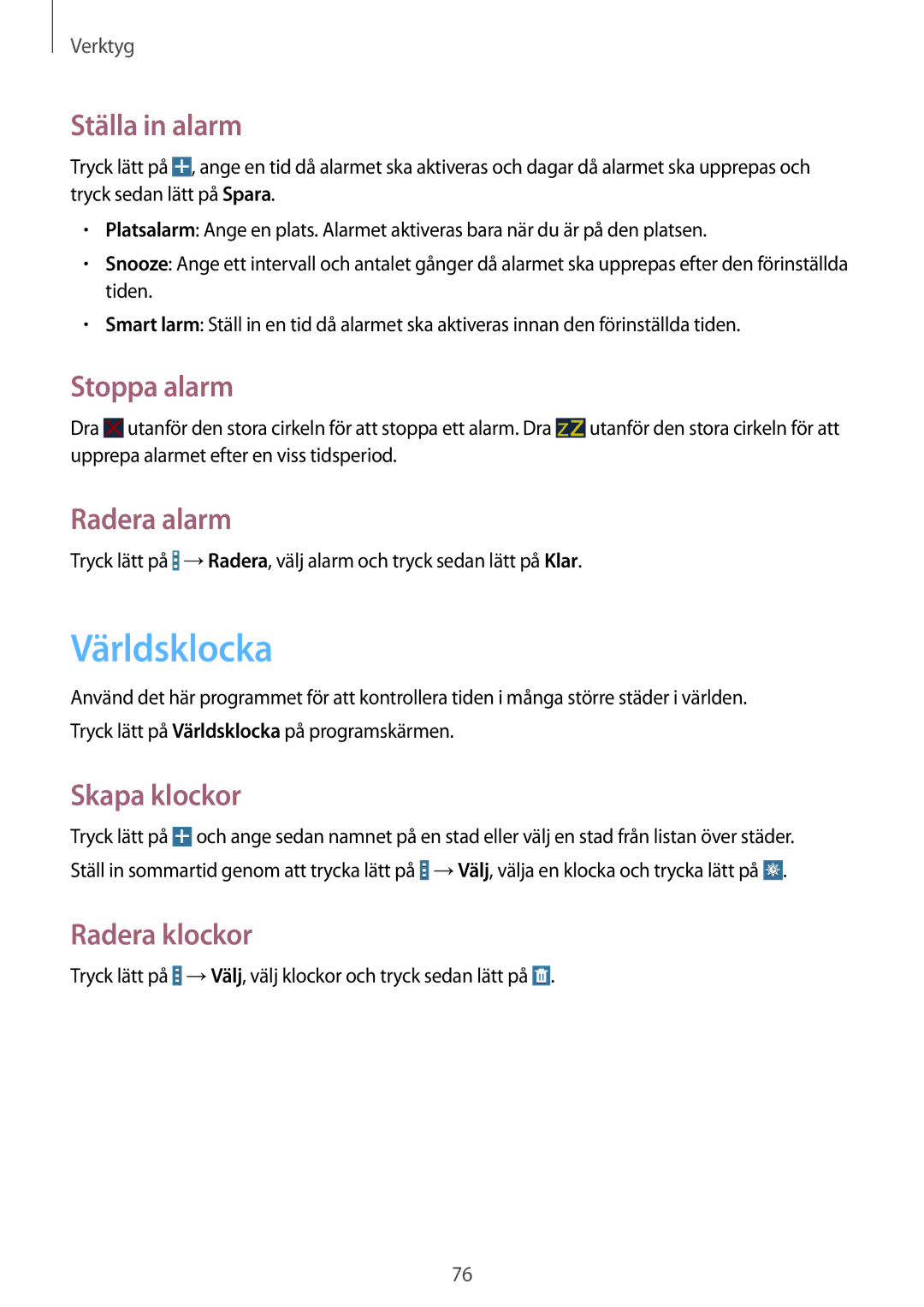 Samsung SM-T530NYKENEE, SM-T530NZWANEE, SM-T530NDWANEE, SM-T530NYKANEE manual Världsklocka 