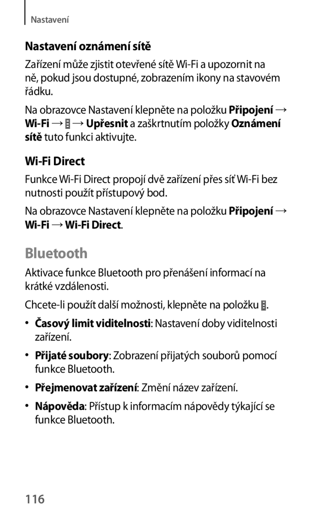 Samsung SM-T530NZWAXEZ, SM-T530NZWAATO, SM-T530NZWAXEO, SM-T530NYKAATO Bluetooth, Nastavení oznámení sítě, Wi-Fi Direct, 116 